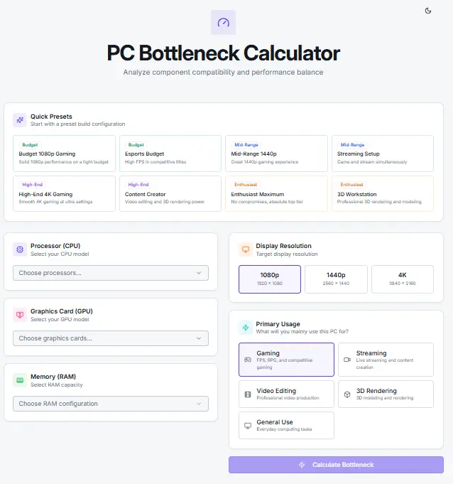 pc bottleneck calculator home screen with quick presets, cpu gpu ram selectors, resolution options, and primary usage buttons